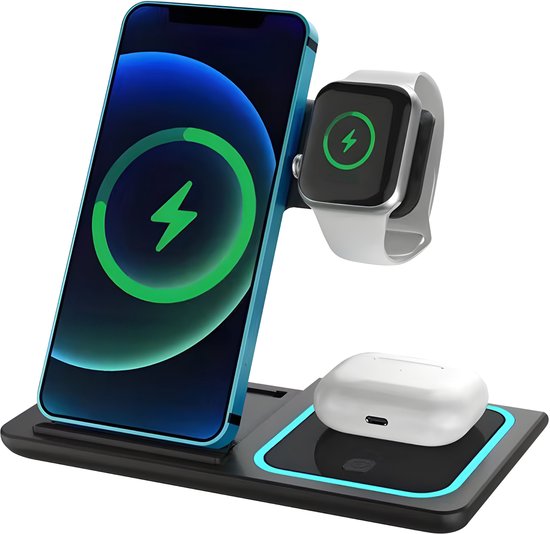 Nuvance Wireless Charger - 3 en 1 - 15W - Station de charge - Chargeur rapide - Chargeur sans fil - pour Smartphone, Smartwatch et écouteurs