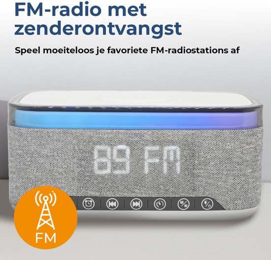 Réveil Denver avec chargeur sans fil - Machine à bruit blanc - Réveil numérique - Bluetooth - Radio FM - Double alarme - Variateur - CRQ225