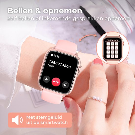 Nuvance - Smartwatch Homme et Femme avec Bluetooth - 45mm - Convient à tous les Smartphones - Podomètre et moniteur de fréquence cardiaque - Étanche - Rose clair