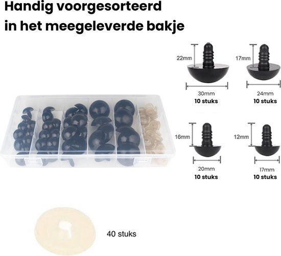 Faas Large Safety Eyes - 80 Pieces - Nez de sécurité - 17 à 30 mm - Rondelles incluses - Noir