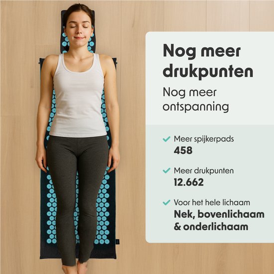 LifeGoods Tapis d'acupression XL - avec coussin - Tapis Shakti - Tapis pour les ongles avec 2 balles pour les points de déclenchement - 128x48x2cm - Noir/Turquoise