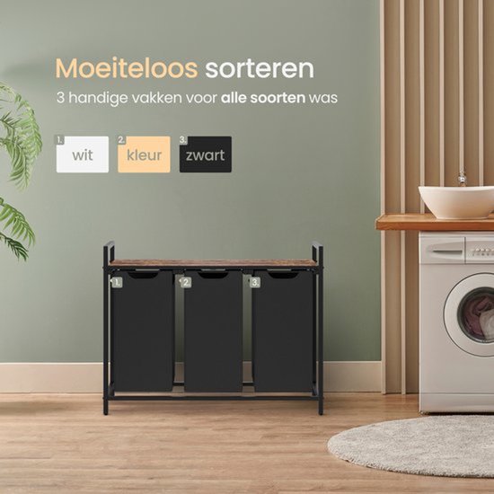 O'DADDY® Laundry Basket 3 Boxes - Trieur de linge - Extensible - Assemblage facile - 92.5 x 33 x 71 cm - Capacité 114L - 3 Sacs - Bois brun - Métal noir - Paniers à linge - Boîte à linge