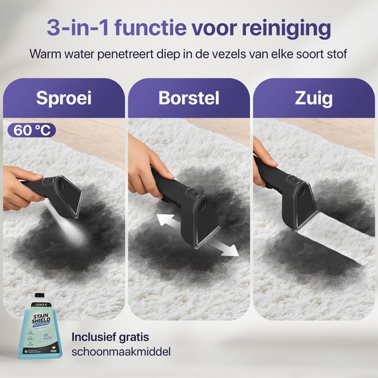 LUMAN Nettoyeur de tapis 4 en 1 - Fonction chauffante et autonettoyante - Nettoyeur de taches - Nettoyeur de sièges - Nettoyeur pour canapé, sol, voiture et tapis - 4 brosses - Produit nettoyant inclus - Cordon de 7 mètres