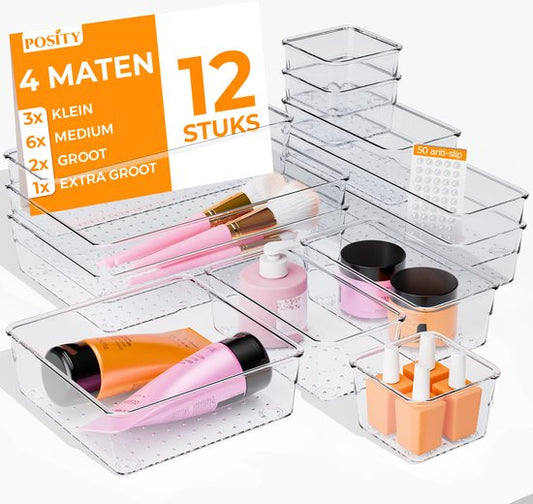 Posity Organisateur de tiroirs - 12 pièces - Plateaux d'organisation - Plateaux de tiroirs - Plateaux de stockage - Organisateur de maquillage - Pour la cuisine, la salle de bain et le bureau - Plastique - Transparent