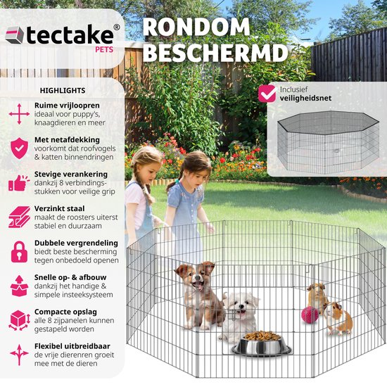 tectake® - Enclos extérieur avec filet de sécurité - Clapier pliable et extensible - Petits animaux, lapins, clôture pour chien, clapier extérieur - Enclos extérieur - Ø 145 x 73 cm