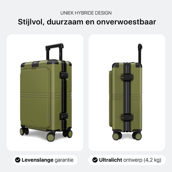 ONYX Hybrid Pro Hand Luggage Suitcase with Front Pocket 38 Litres - Recycled Polycarbonate and Zipperless Design - Travel Suitcase with TSA Lock and Spinner Wheels - Lightweight Trolley with Laptop Compartment - Olive Green (Valise de voyage avec serrure
