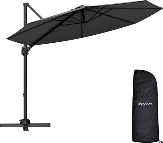 LifeGoods Parasol flottant - 6 pieds - Rotation 360° - Rond Ø300 cm - Housse de protection incluse - Anthracite
