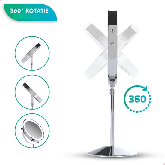 Mirlux Miroir de maquillage de luxe avec lumière LED - grossissement 10x - réglable et rechargeable - 3 niveaux de lumière - chrome - Miroir de maquillage - Miroir avec lumière LED