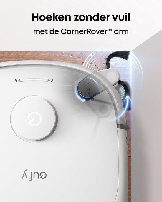 eufy Robot Aspirateur Omni E25, système de balayage HydroJet, puissance d'aspiration de 20 000 Pa, brosses DuoSpiral qui démêlent, bras CornerRover pour nettoyer les coins, station tout-en-un, pour les familles avec animaux et enfants.