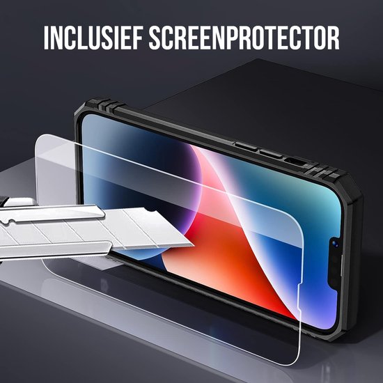 Podec Case suitable for iPhone 14 Black Phone Case - Anti-Shock Case Cover Hybrid Armor Case with Kickstand Ring with Screen Protector