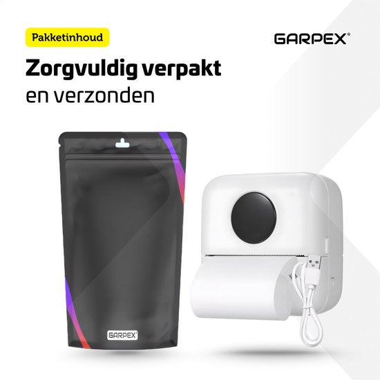 Garpex® Mini imprimante pour mobile - Imprimante de poche - Mini imprimante photo haut de gamme - Imprimante portable pour smartphone - Imprimante photo mobile - Imprimante d'autocollants - Blanc - 5 rouleaux de papier adhésif + 5 rouleaux de papier blanc