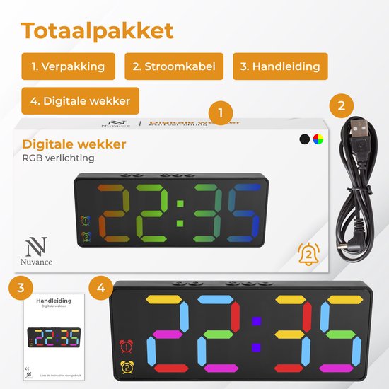 Nuvance Réveil numérique - Réveil numérique - Réveil pour enfants et adultes - Réveil de voyage - Chambre à coucher - Réveil Led numérique - Noir RGB