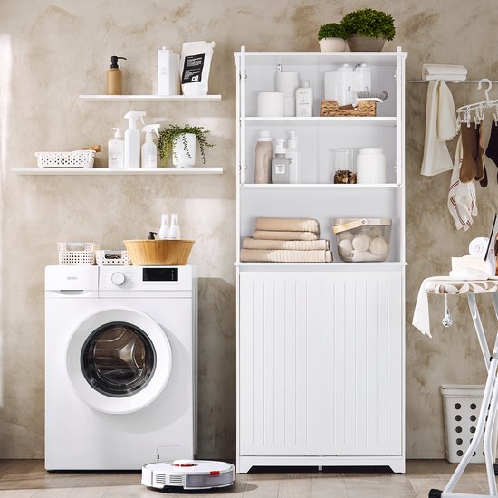 SoBuy BZR150-W Armoire haute de salle de bain avec sac à linge, armoire de salle de bain avec portes, 2 paniers à linge amovibles, étagères réglables, compartiments