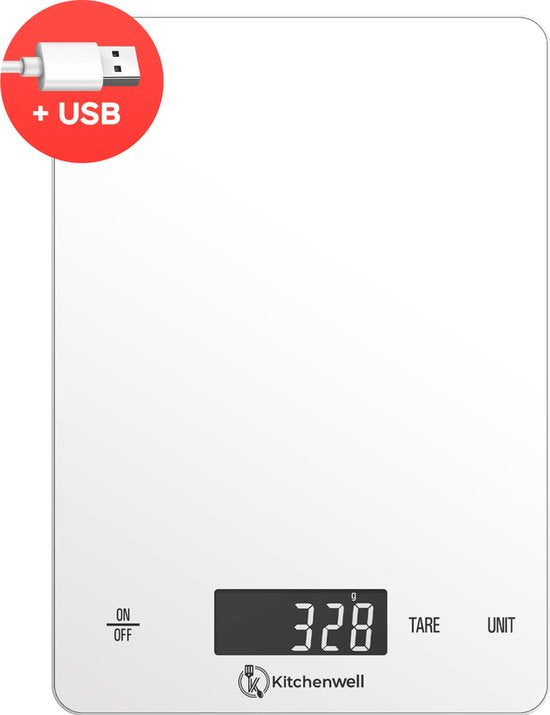 Kitchenwell Balance de cuisine numérique de précision - Balance de cuisine - 1gr - 15kg - Fonction tare - Rechargeable par USB - Blanc