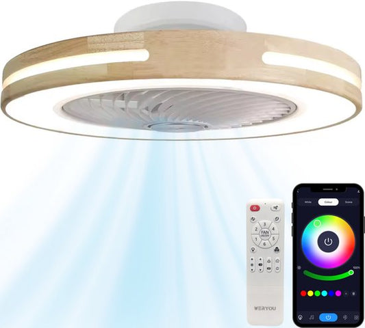WERYOU® illuminAIR Ventilateur de plafond - Plafonnier - Ventilateur de plafond avec éclairage - Plafonnier - Lampe ventilateur - Lampe Led RGB - Télécommande incluse - Design bois