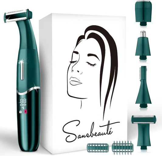 Sansbeauté - Tondeuse bikini et rasoir féminin 4-en-1 - Compact - ABS vert classique - Pour le visage, les jambes et le maillot - Sans fil et rechargeable - Épilation sans douleur