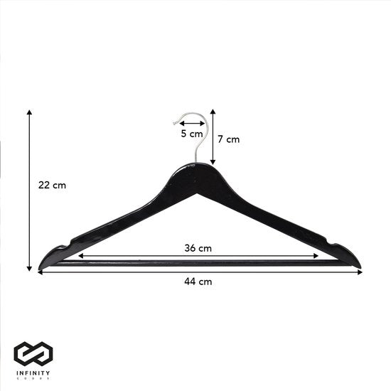 Infinity Goods 30 Houten Kledinghangers Zwart - Kleerhanger - Inkeping en Broeklat - Metalen Haak - Volwassenen - 30 Stuks - Zwart
