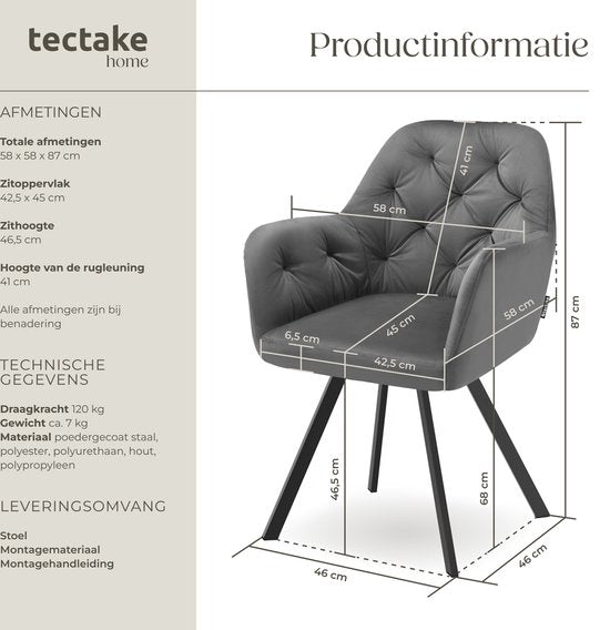 tectake® - Chaise pivotante en velours - Chaise de salle à manger avec accoudoirs - Assise et dossier ergonomiques - Pivotant à 180 degrés - Chaise moderne avec pieds en acier - Diverses couleurs - Anthracite