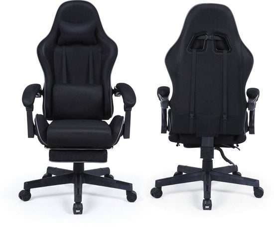 VDD Gaming - Fauteuil de jeu avec fonction de massage et repose-pieds - Fauteuil de jeu de couleur noire - Fauteuil de jeu avec coussin pour la nuque et dossier réglable - Fauteuil de bureau ergonomique avec accoudoirs rembourrés - Capacité de charge maxi