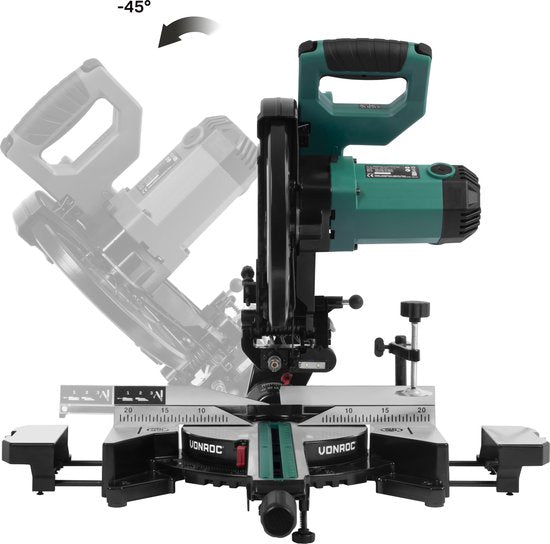VONROC PRO tronçonneuse - scie d'abattage - scie à onglet - 2200W - Ø255mm - Coupe le bois, le plastique et le métal - Vitesse réglable - Capacité de coupe 340mm - Rallonge de table réglable - Fonction de traction - Inclinable - Butée de longueur - Inclus