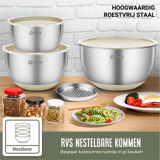 COOCK inox - Set de bols à mélanger avec couvercle - Bols à frire avec couvercle - Bol de stockage avec râpe - Bol pour salades et mélanges - Set de 22 pièces de 1,5 à 5 litres - Beige - Cuillères à mesurer incluses