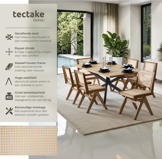 tectake® Wood Chair Lizzy - Light Oak - Chaise de salle à manger en osier de Vienne - Chaise de style Boho avec dossier - Structure en bois massif - Capacité de charge 120 kg