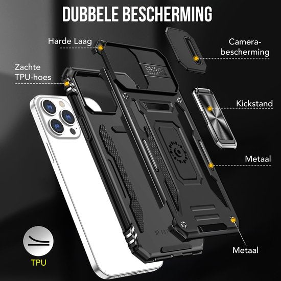 Podec Case suitable for iPhone 12 Pro Black Phone Case - Anti-Shock Case Cover Hybrid Armor Case with Kickstand Ring with Screen Protector