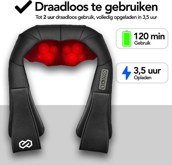 Infinity Goods Wireless Shiatsu Massage Cushion - Electric - Neck, Shoulder and Back - Heat function - 8 Massage heads - Massager