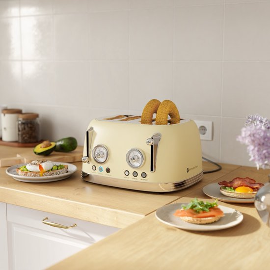 KitchenBrothers Retro Toaster - Grille-pain - 6 niveaux de chaleur - 4 fentes extra-larges - 815W - Beige