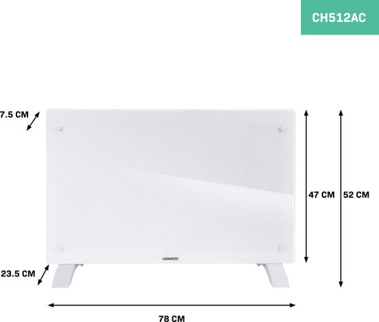 VONROC Chauffage électrique de luxe - Convecteur avec panneau en verre - 1000W/2000W - Chauffe les pièces jusqu'à 24m2 - Contrôlé par l'application (via Wifi) et manuellement - Thermostat et minuterie réglables - Blanc