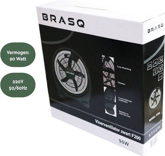 BRASQ Ventilateur de sol - 50 cm - Noir - 3 vitesses - Ventilateur sur pied - Réglable - 90 Watts