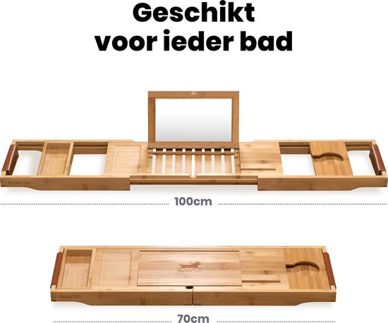 RelaxTub® Bathboard - Planche de bain pour la salle de bain - Support de bain - Ajustable - Antidérapant - Planche de bain en bambou - Planche de bain en bois - Support de bain comprenant un porte-livre, un porte-tablette et un miroir