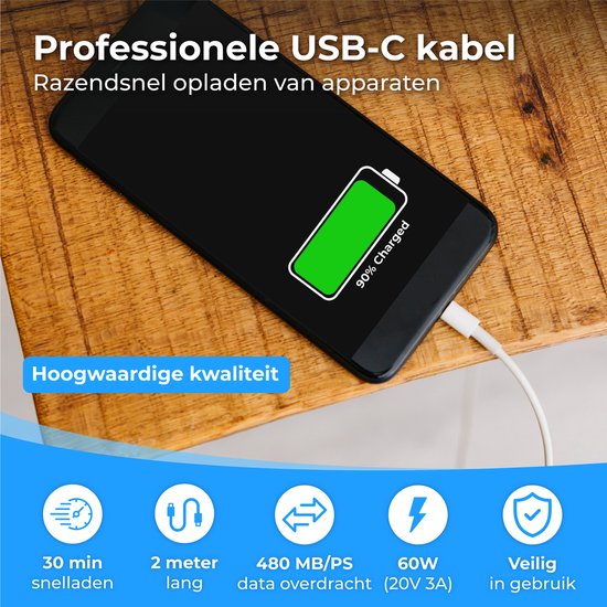 Nuvance - Câble Usb C vers Usb C - 2 mètres - Câbles Usb-C - Chargeur rapide - 480Mb/ps Data - Chargeur Usb C - 60W - Blanc