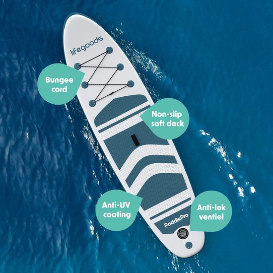 LifeGoods PaddlePro SUP Board - Planche à pagaie gonflable - Ensemble complet - Max. 135KG - 320x81cm - Blanc/Aqua profond