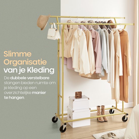 O'DADDY® Clothes Rack on Wheels - Portemanteau - Barre à vêtements - Réglable et extensible - Roulettes industrielles - Métal - Stable jusqu'à 110 kg - Or