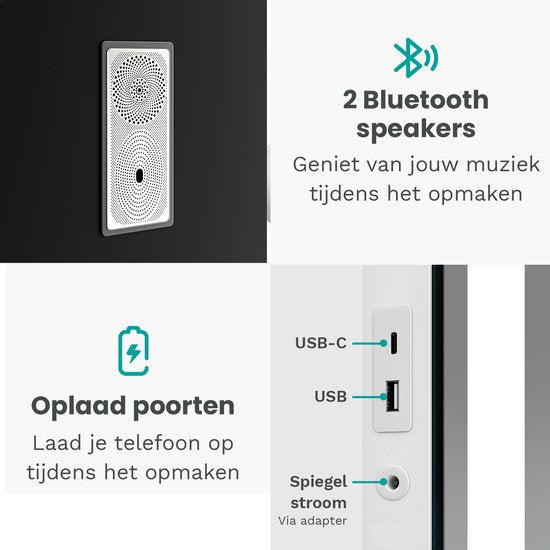 Mirlux Hollywood Mirror 80x60CM - 2 haut-parleurs Bluetooth - ports de charge USB et USB-C - éclairage LED - miroir de maquillage - zoom 10x - suspendu - blanc