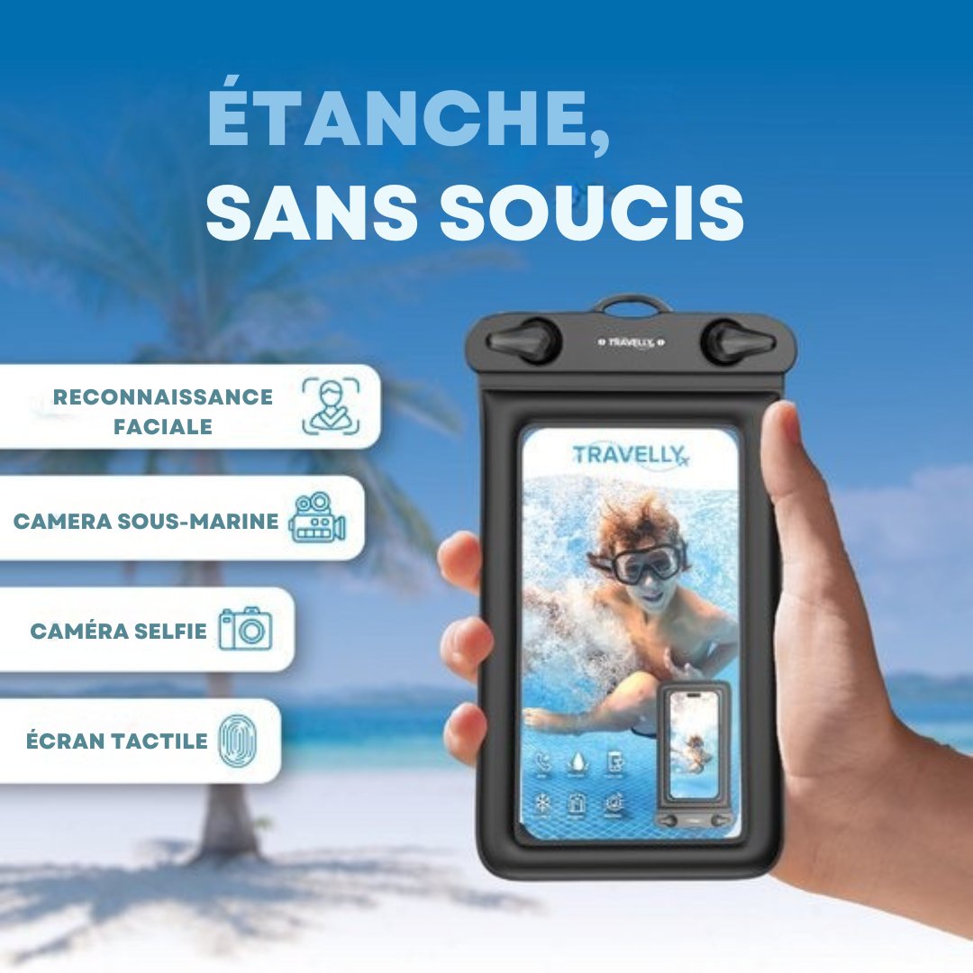 Étui étanche pour téléphone Travelly® - lot de 2 - Étui sous-marin universel pour smartphone - Convient à tous les téléphones - Pour les vacances, la natation et les sports nautiques - Noir/Noir