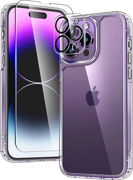 Podec Case Transparent - Bundle with 2x Screen Protector + 2x Camera Protector - Phone Case with Protective Glass - Case Transparent - Suit pour iPhone 14 pro max