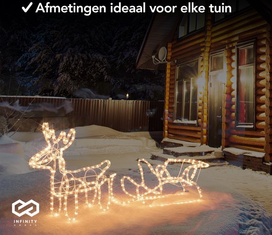 Infinity Goods Renne avec traîneau - Lumières de Noël - Figure LED d'intérieur et d'extérieur - Décorations de Noël - Guirlande lumineuse 3D - Noël - Blanc chaud