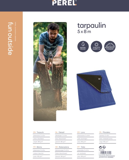 Perel Tarpaulin, ultra-strong, 26 anneaux, coins renforcés, rectangulaire, bleu/noir, 180 g/m², 5 x 8 m