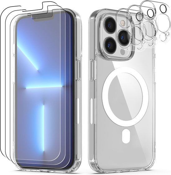 Podec Magsafe Case Suitable for iPhone 13 Pro - With 3x Screen Protector + 3x Camera Protector - Magnetic with Ring Transparent - Phone Case Transparent Case
