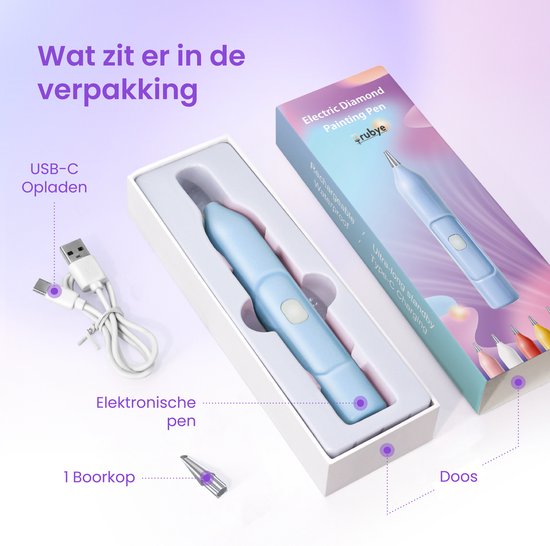 Rubye® - Stylo de peinture électrique pour diamants - Avec technologie d'aspiration - Rechargeable via USB-C - Confortable à utiliser - Pour pierres rondes et carrées - Bleu