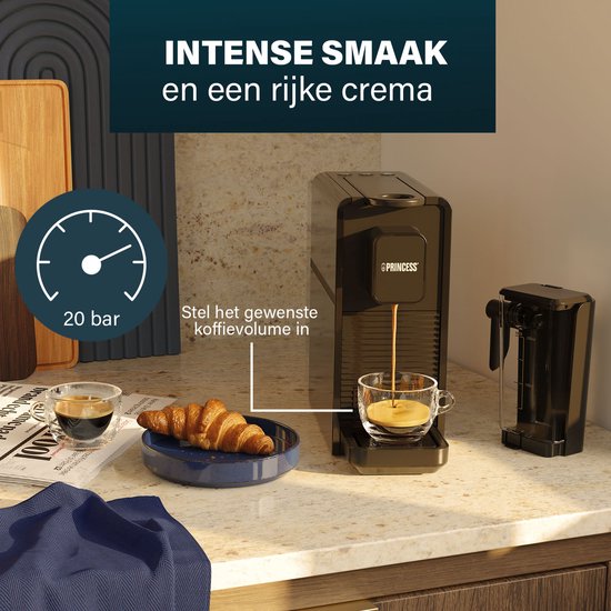 Princess Capsule Coffee Machine with Milk Frother - 249455 - Convient à Nespresso - 20 Bar - Espresso, Cappuccino & Latte - Compact - Automatic Milk System - 1400 W