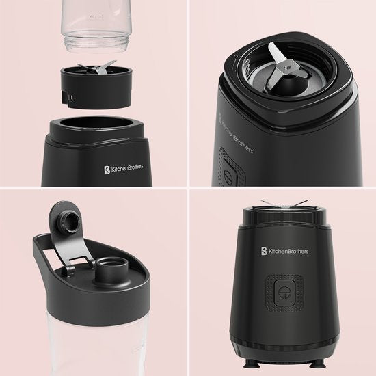 KitchenBrothers Mini Blender - Blender to Go - Smoothie Maker - 2 To-Go Cups 600 ml - Noir
