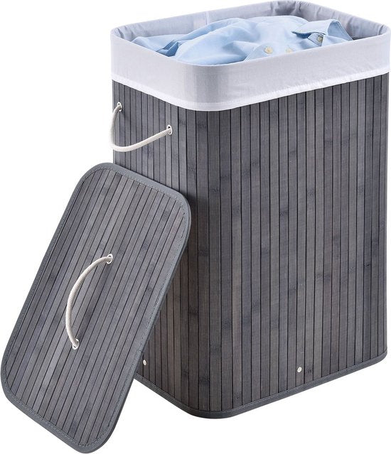 Panier à linge en bambou bouclé - 72 L - Gris - Sac à linge amovible