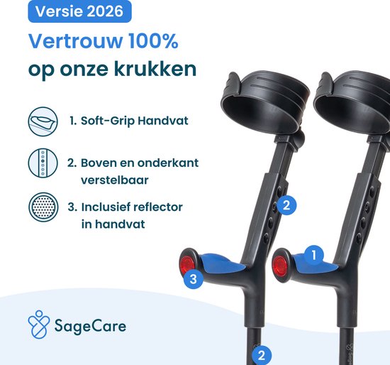 SageCare® Béquilles pliables pour coude (lot de 2) pour adultes - Béquilles de marche légères et ajustables - pliage rapide sans boutons - poignées ergonomiques en gel et réflecteur - noir - idéal pour la rééducation