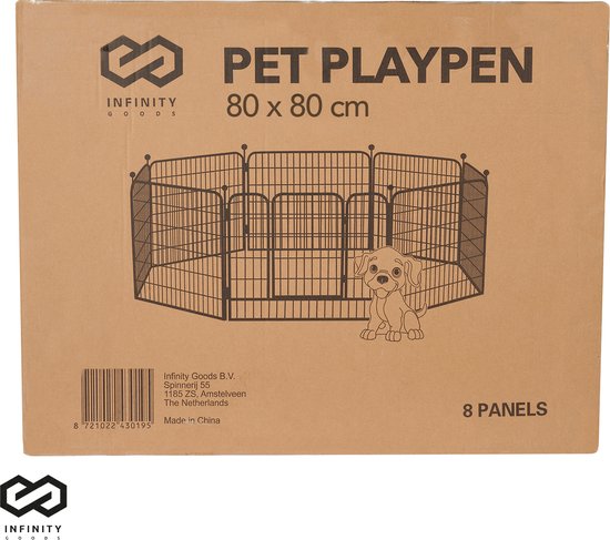 Infinity Goods Dog Run - Parc à chiots - 8 panneaux - 80 x 80 CM - 640 CM de circonférence - pliable - avec porte - acier - noir