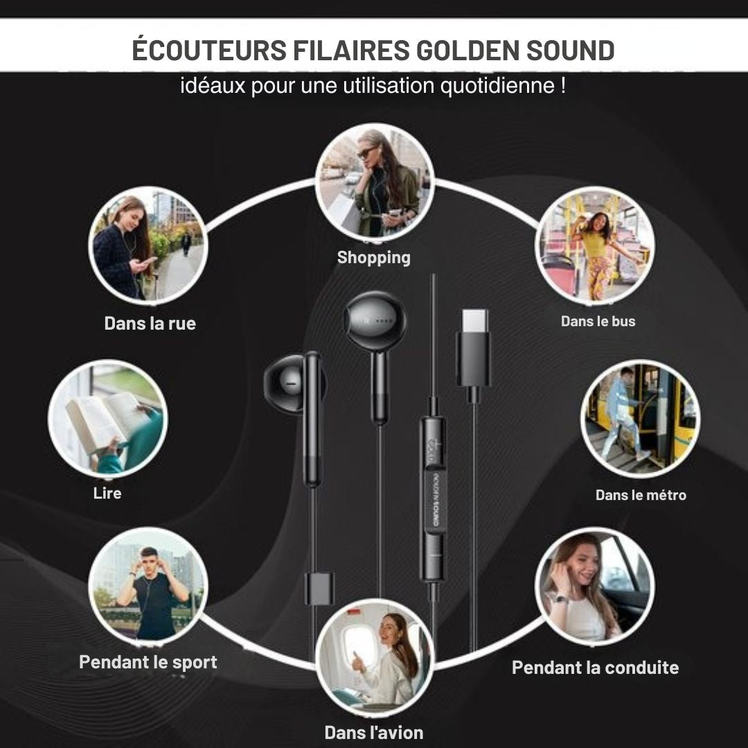 Écouteurs filaires Golden Sound - avec microphone - Connecteur USB-C - Noir