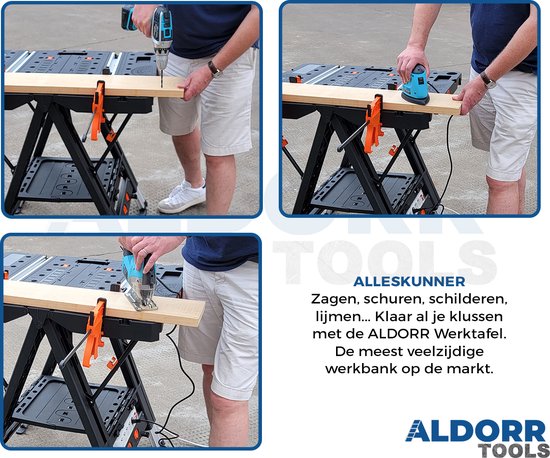 Établi pliant professionnel Aldorr - Table de travail réglable avec capacité de charge de 450 kg - Construction robuste et stable - Compact et léger - Idéal pour scier, percer et divers travaux de bricolage