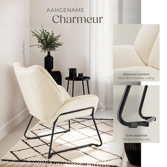 tectake® Chaise longue - Fauteuil relax rond - Fauteuil Teddy - Chaise tapissée - Revêtement bouclé - Fauteuil de lecture en peluche - Style scandinave - blanc crème